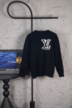 Dark navy long-sleeve sweater with white LV logo on back