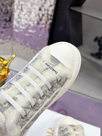 Dior women’s sneaker toe and lace area, gray logo canvas with white laces and knit lining