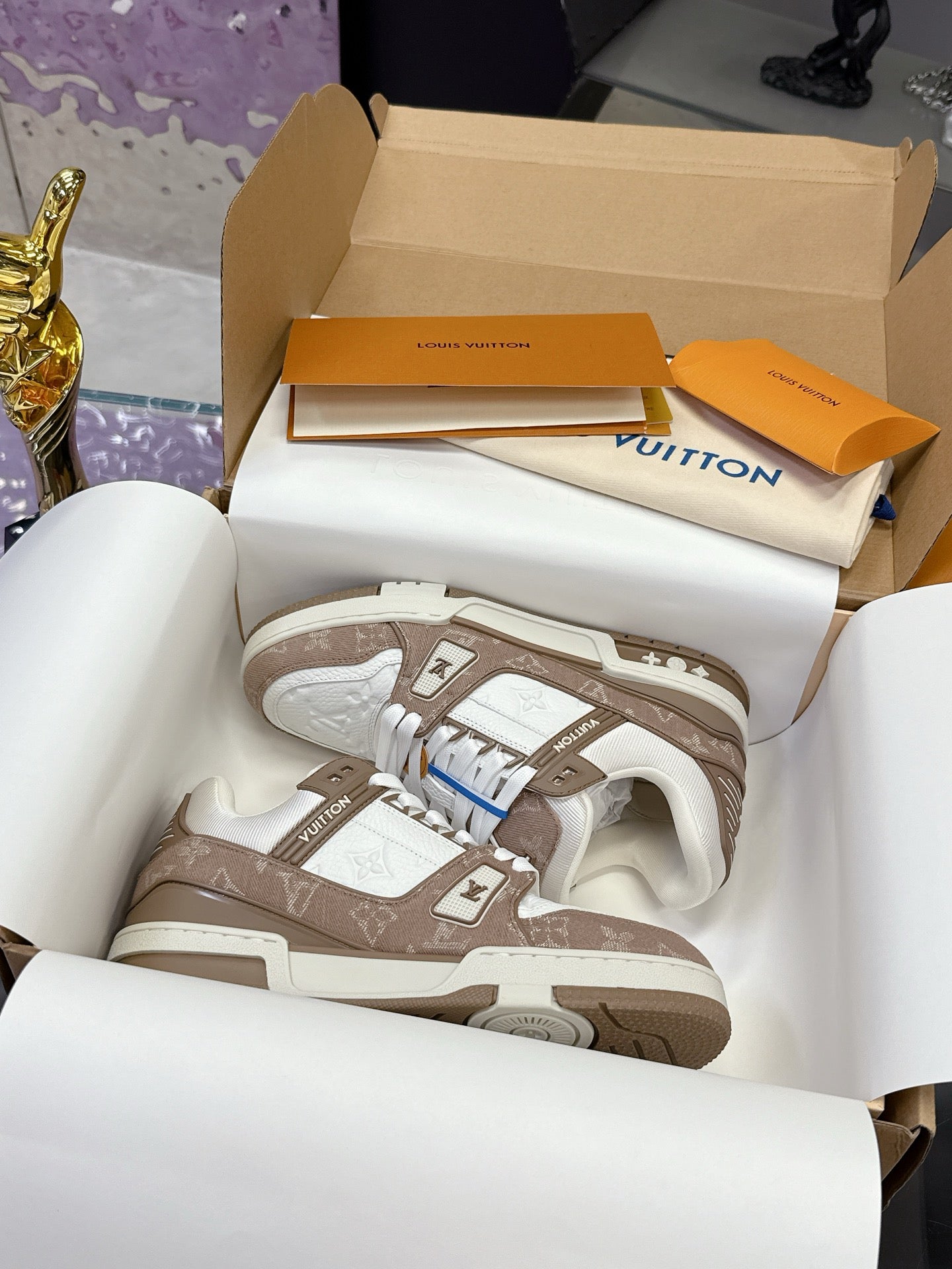 Ladies Louis Vuitton lace-up sneakers, white and brown monogram details