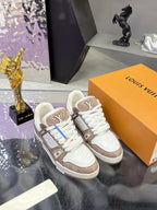Ladies Louis Vuitton lace-up sneakers, white uppers with brown side branding