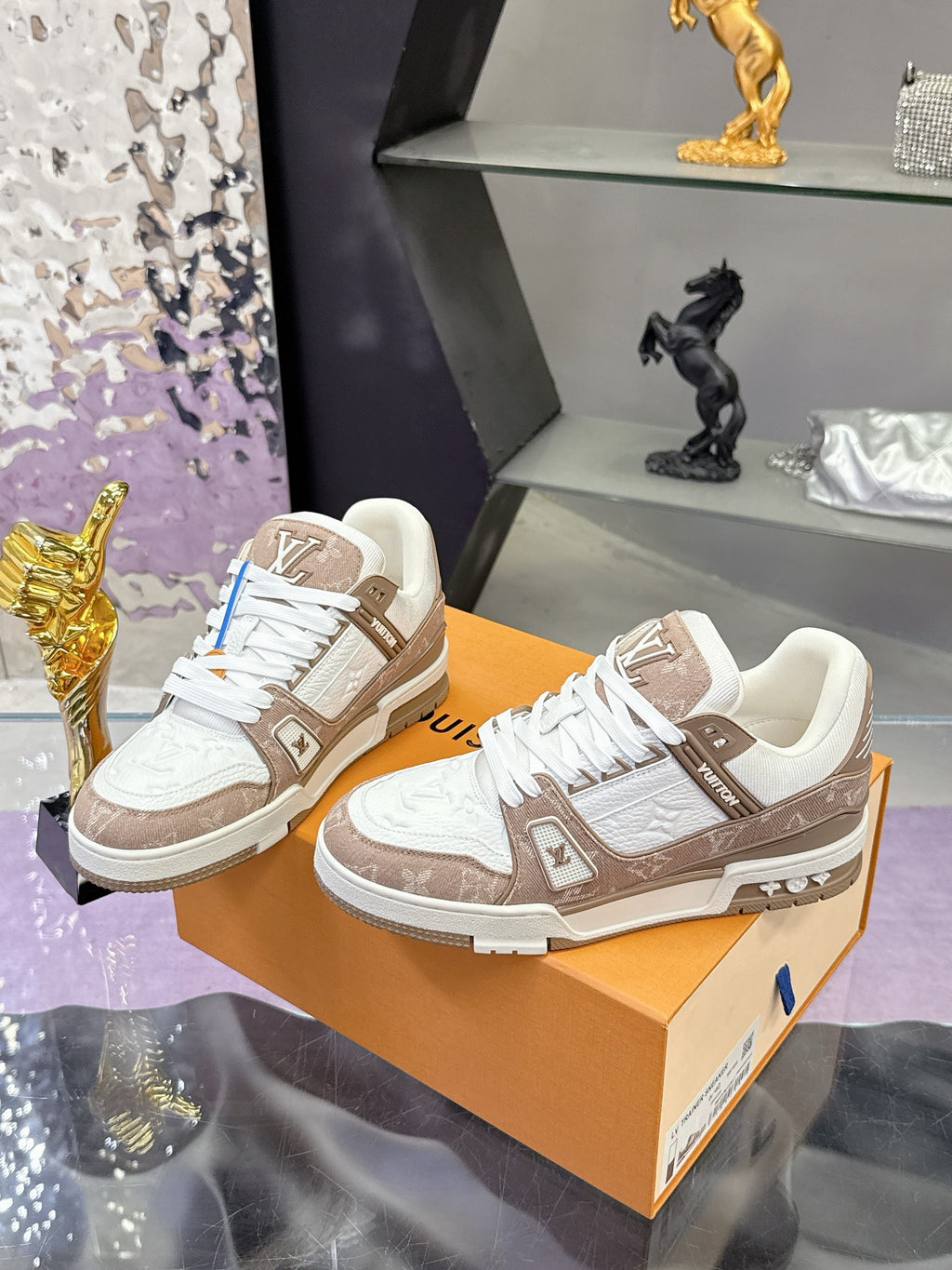 Ladies Louis Vuitton lace-up sneakers pair, white and brown with logo patch