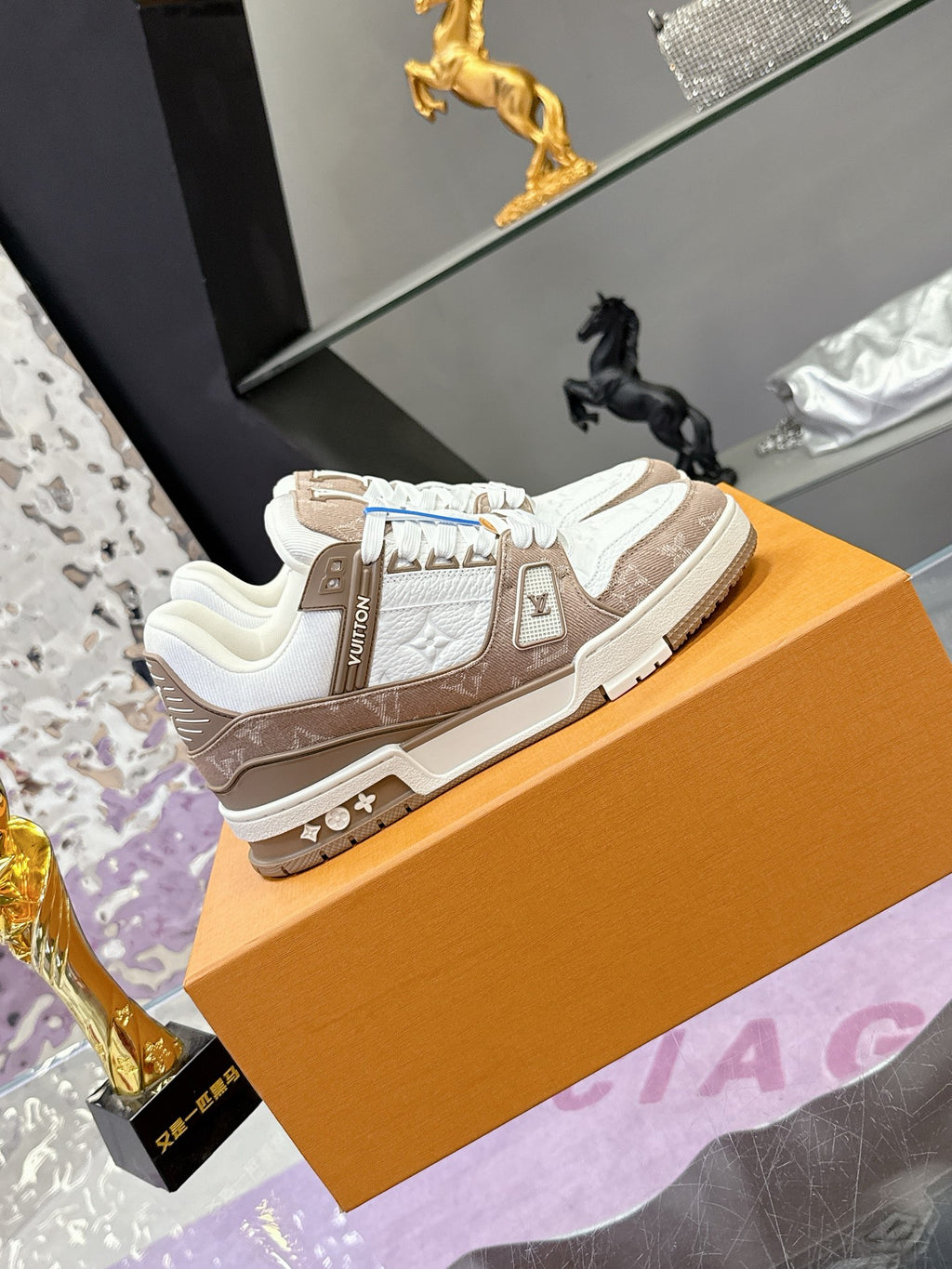 Ladies Louis Vuitton lace-up sneakers, white leather with brown trim and straps