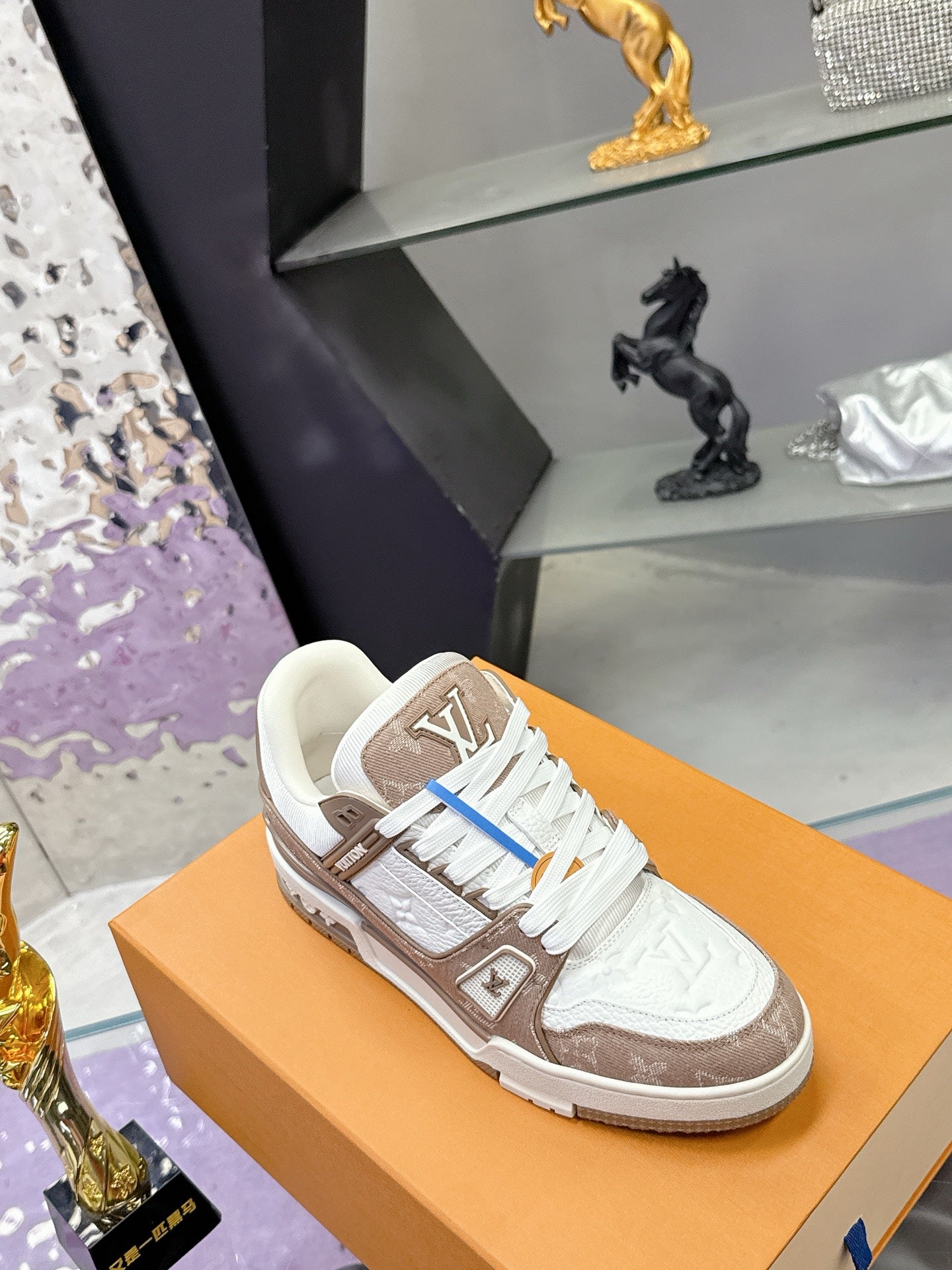 Ladies Louis Vuitton lace-up sneaker, white and brown low-top with logo