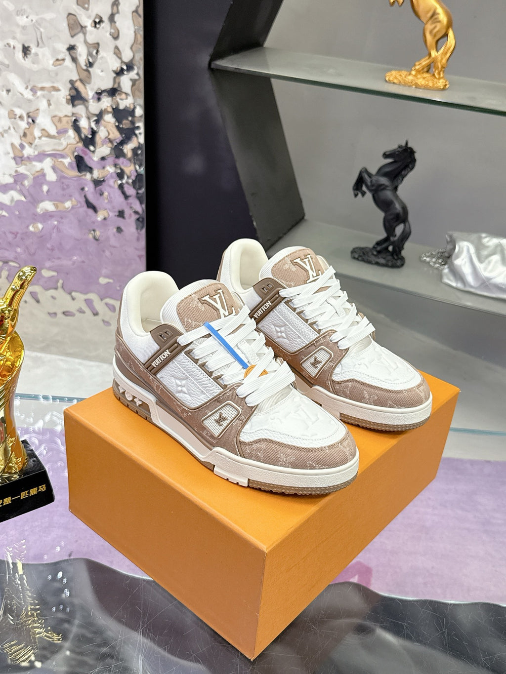 Ladies Louis Vuitton lace-up sneakers on box, white with brown panels