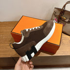 Hermes unisex sneakers back/side view, dark brown suede with white laces