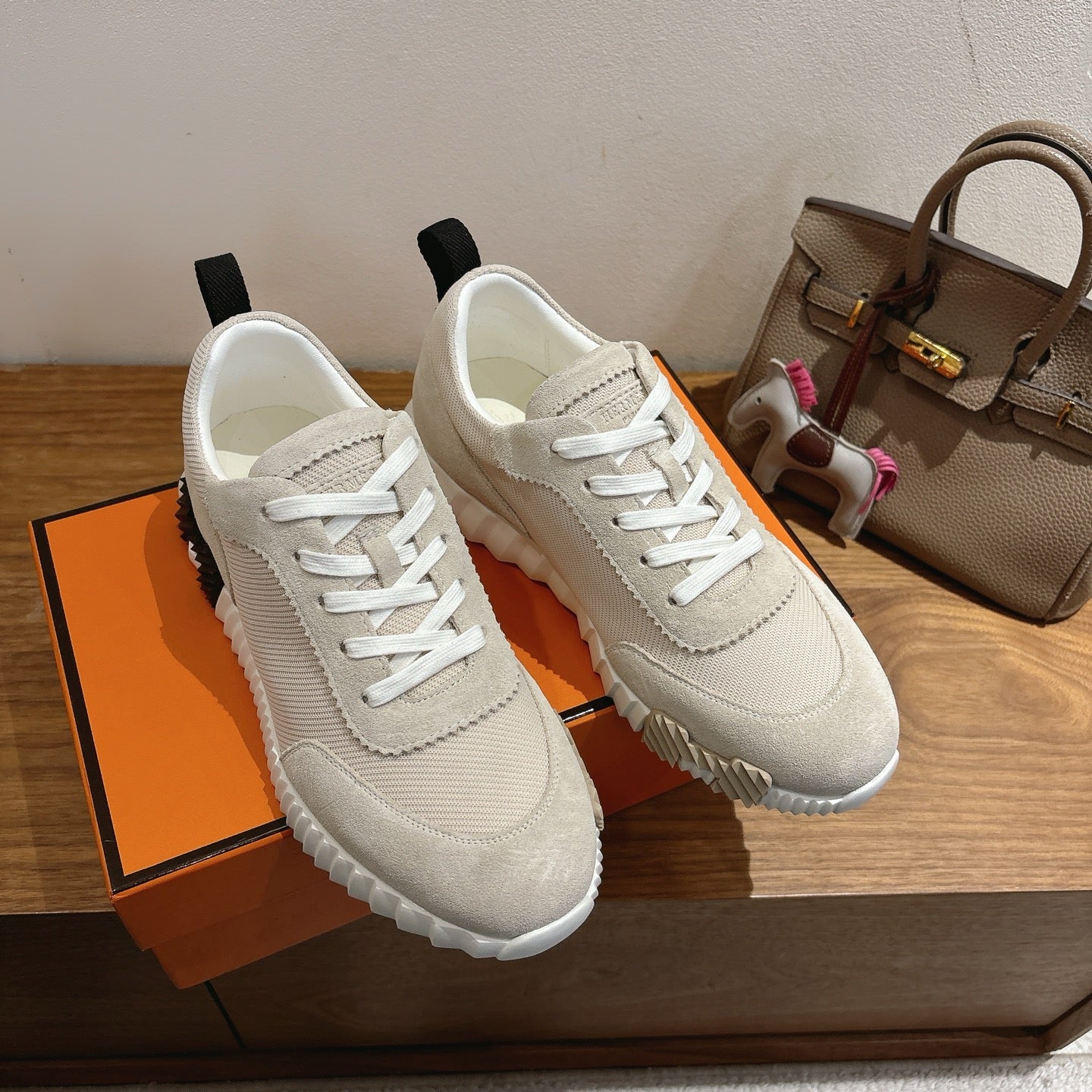 Hermes unisex sneakers, off-white canvas upper with textured sole and white laces