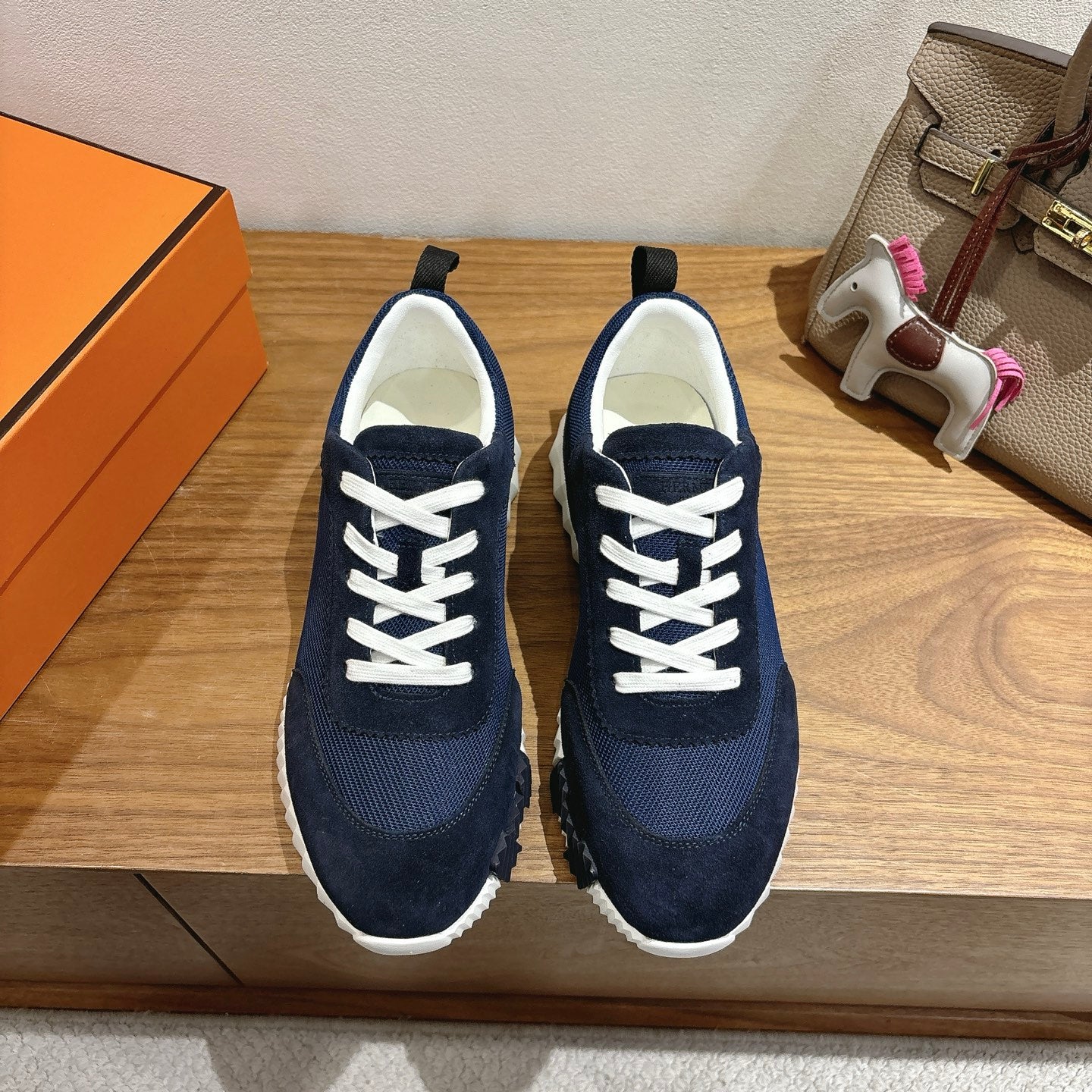 Hermes unisex sneakers, navy mesh with white laces and thick white sole
