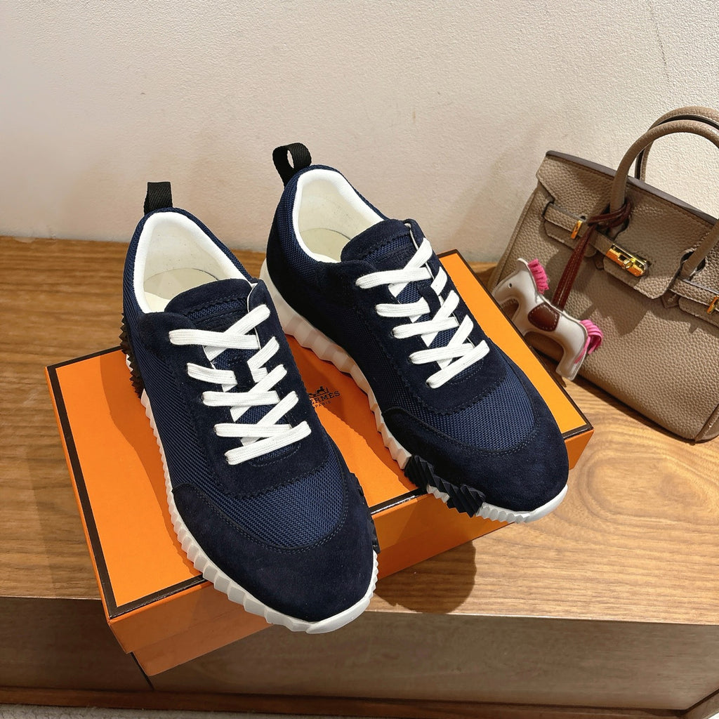 Hermes unisex sneakers, navy upper with white laces and white cushioned sole