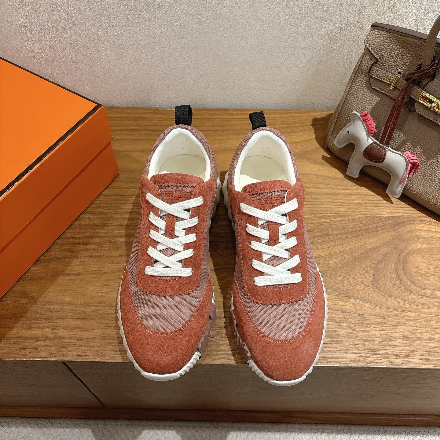 Unisex Hermes sneakers with white laces, brown suede and gray mesh, chunky white sole