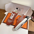 Unisex Hermes sneakers in box, brown suede panels, gray knit, white laces, thick tread sole
