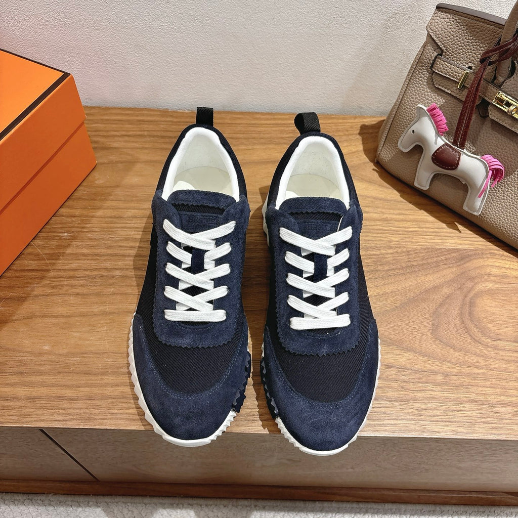 Unisex Hermes suede sneakers, dark navy with white laces and thick white rubber sole