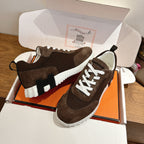 Hermes unisex sneakers, dark brown suede, lace-up front with white laces and scalloped edges