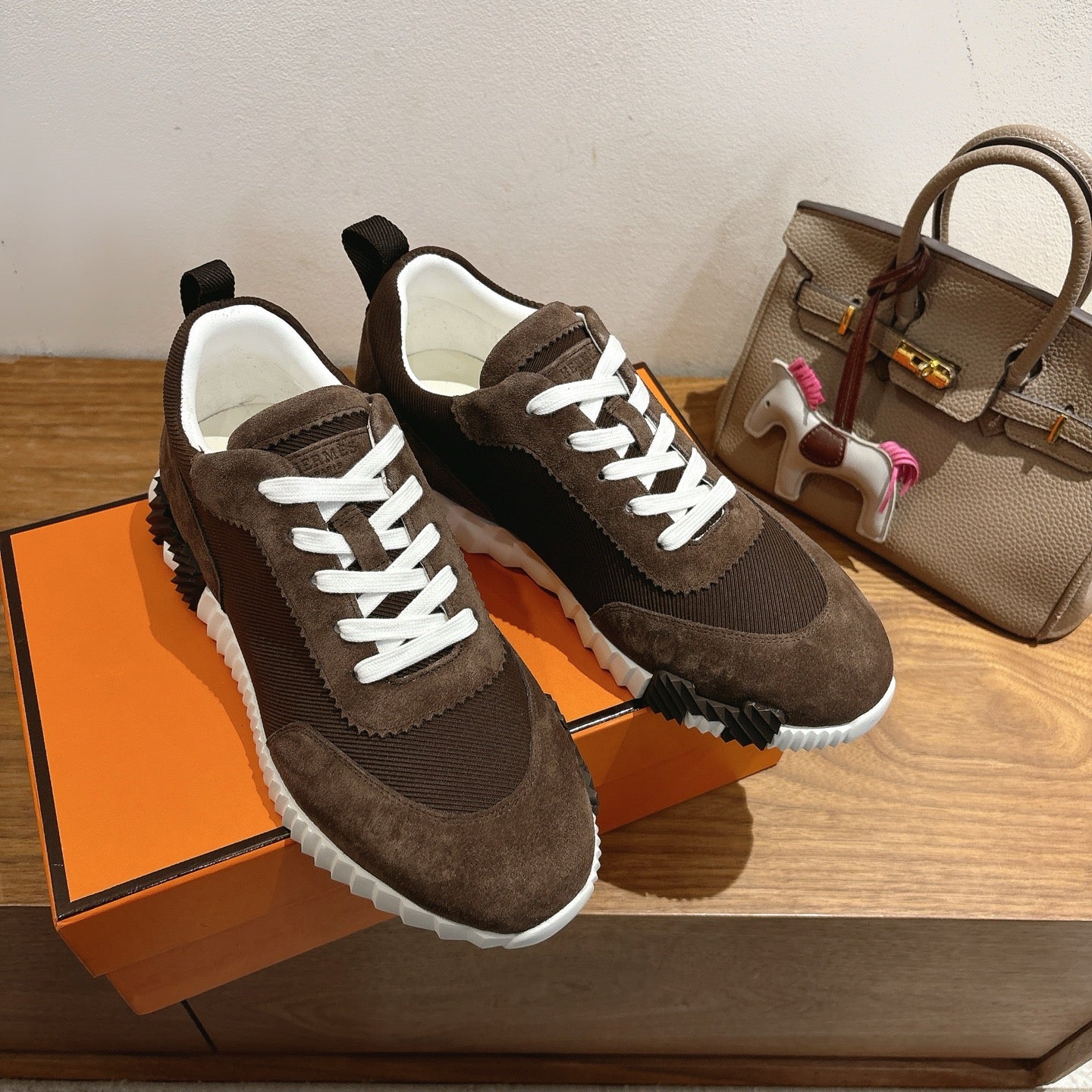 Hermes unisex sneakers, dark brown suede, knit panel detail and white laces