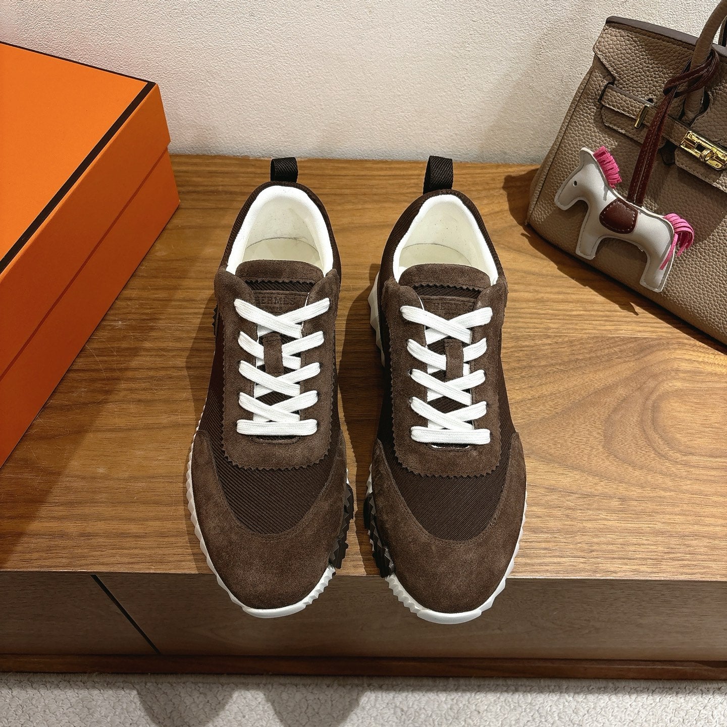 Hermes unisex sneakers, dark brown suede, white laces, chunky white rubber sole