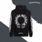 Black hoodie with large back graphic and hood drawstring detail