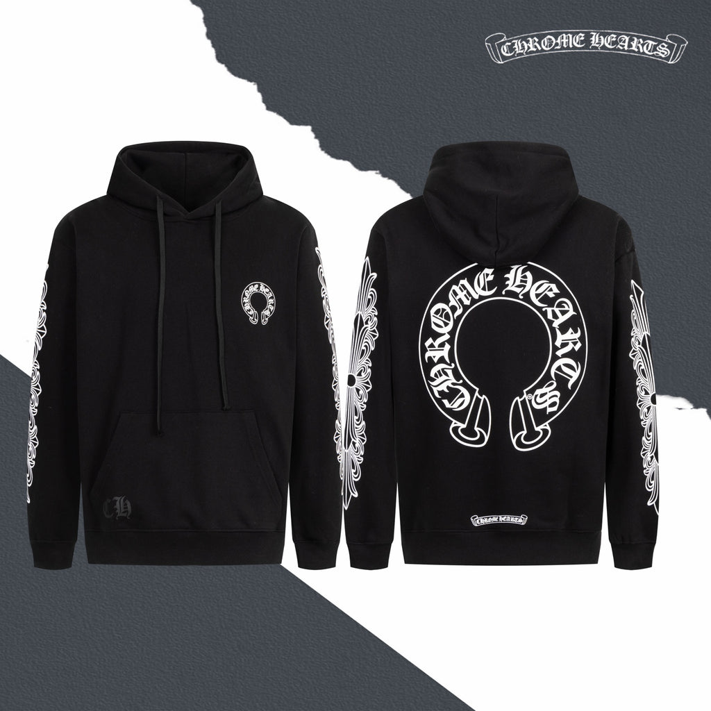 Black hoodie front and back view with eyelet emblem and large circular back print