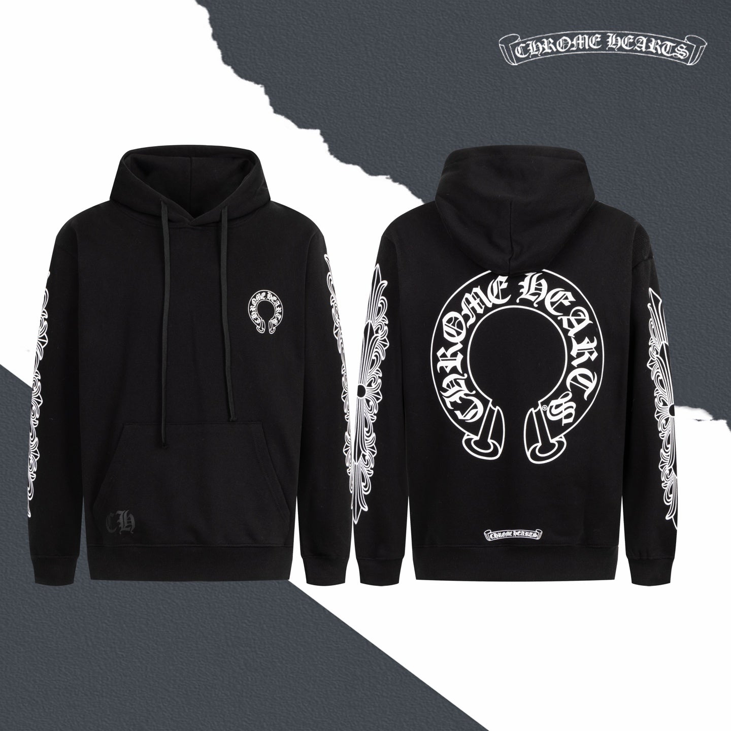 Black hoodie front and back view with eyelet emblem and large circular back print