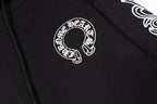Black hoodie front close-up with circular chest logo graphic