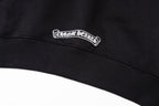 Black long-sleeve hoodie with embroidered chest logo on ribbed hem