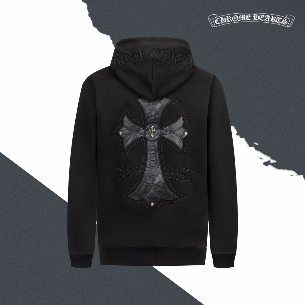 Black back hoodie with hood, drawstrings, and large embroidered cross emblem