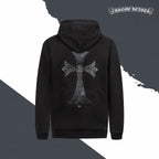 Black back hoodie with hood, drawstrings, and large embroidered cross emblem