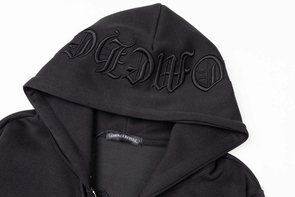 Black hood with raised embroidered script logo across the front