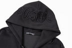 Black hood with raised embroidered script logo across the front