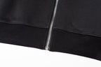 Black jacket hem with ribbed cuffs and metal zipper pull