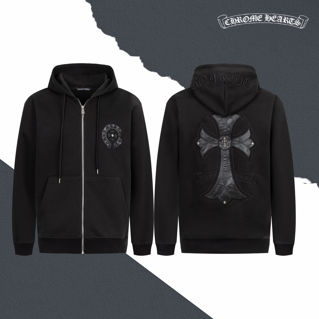 Black zip-up hoodie front and back view with hood, drawstrings, and embroidered emblems
