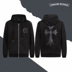 Black zip-up hoodie front and back view with hood, drawstrings, and embroidered emblems