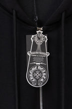 Black zip hoodie with front zipper and large logo crest graphic