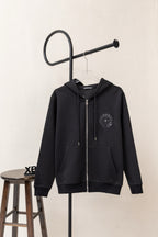 Black zip-up hoodie with hood, drawstrings, front pocket, and small chest emblem