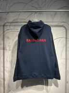 Dark denim hooded jacket with Balenciaga logo text on back