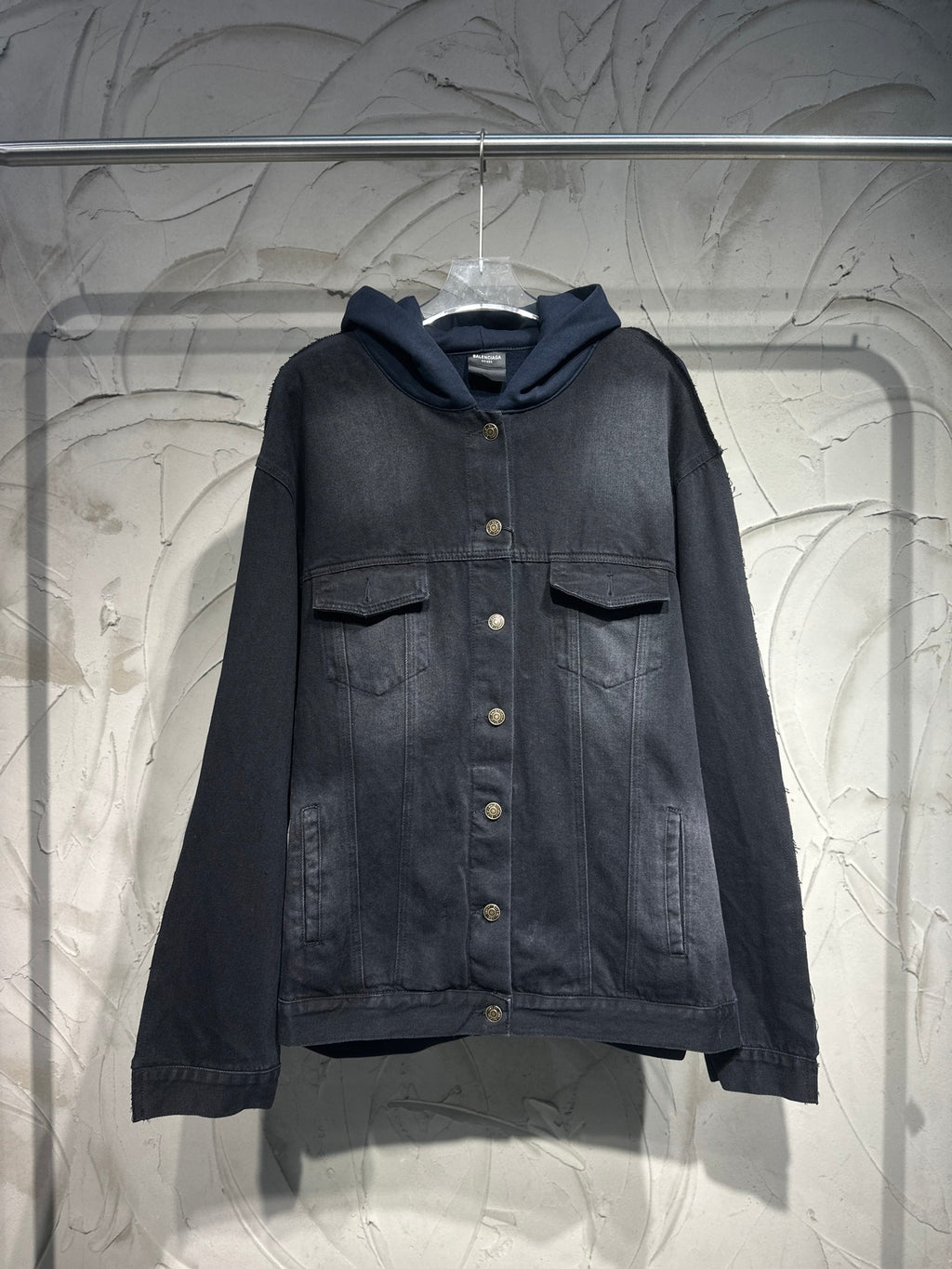 Dark denim hooded jacket, button front, flap chest pockets