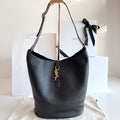 YSL black leather hobo tote bag with YSL logo charm and leather handles
