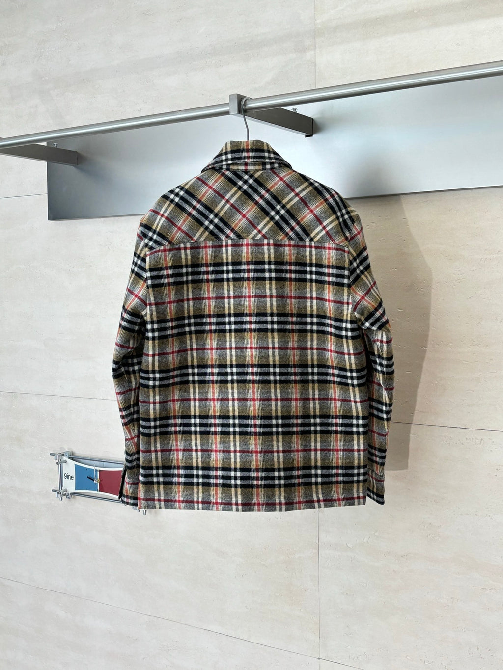 Burberry plaid long-sleeve shirt, back view with yoke and center seam