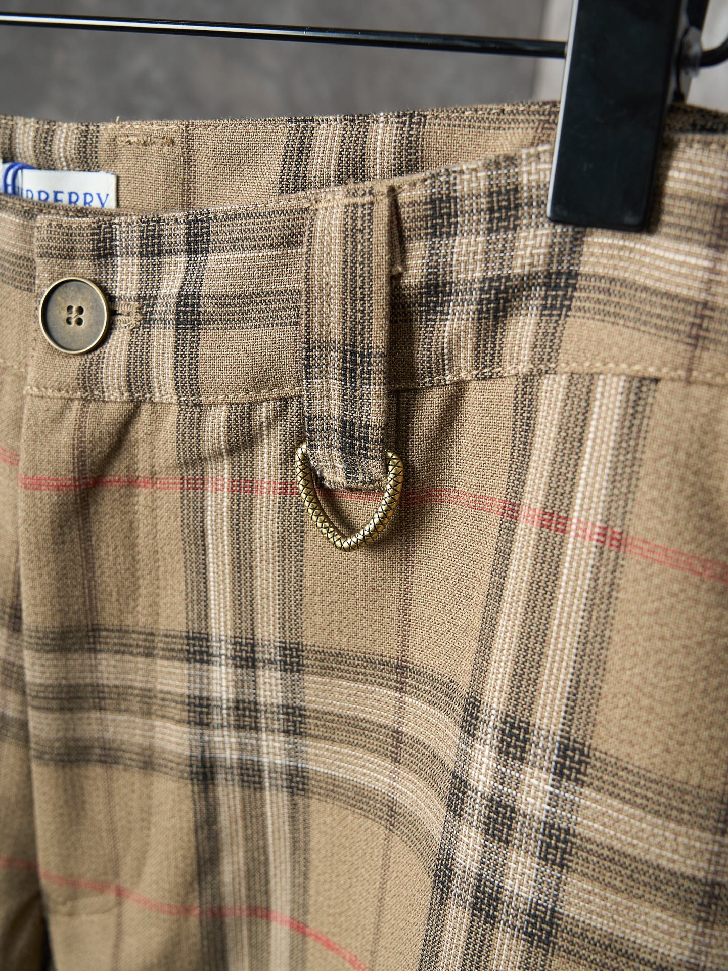 Burberry plaid pants waistband with button and drawstring cord