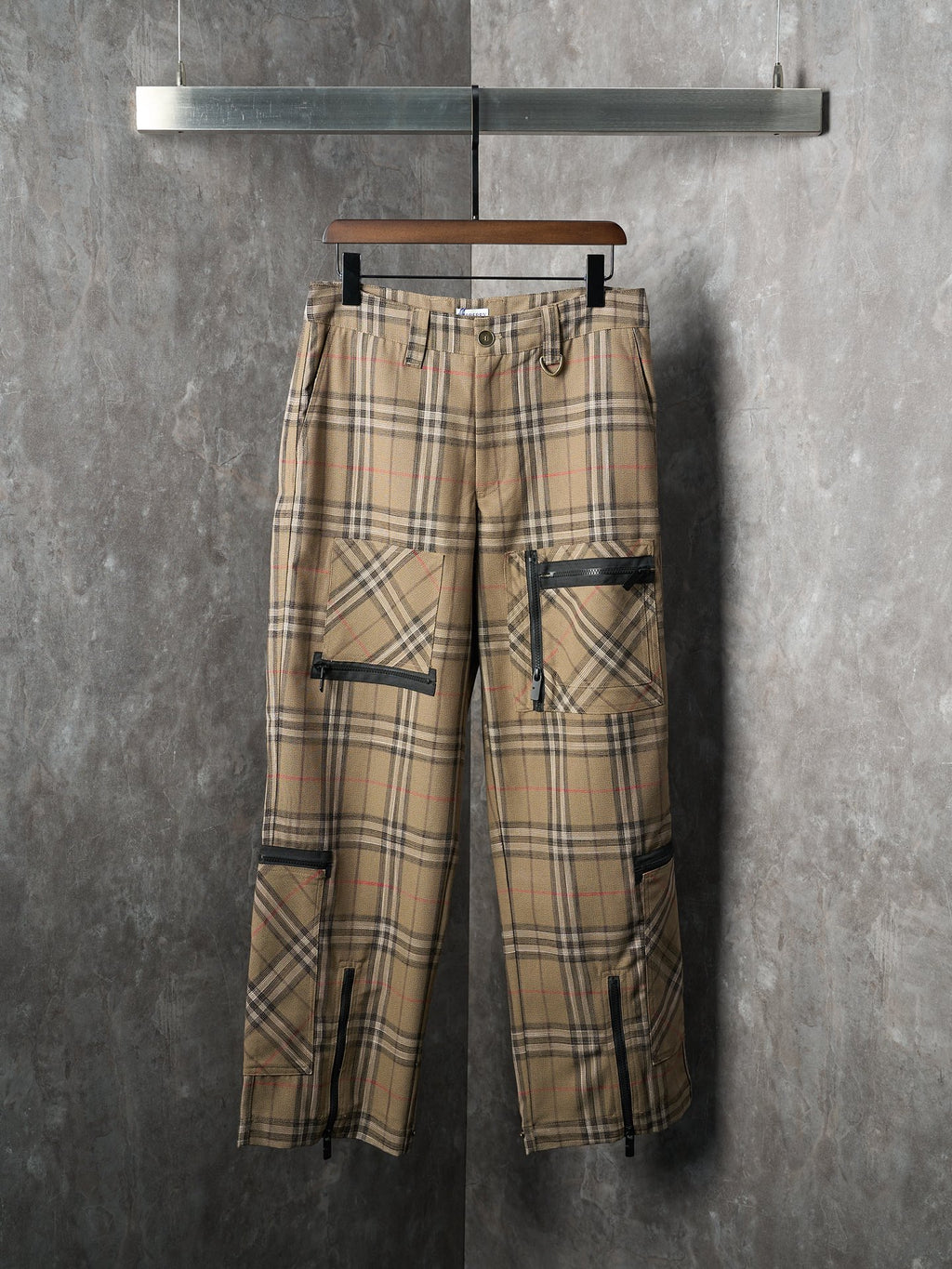 Burberry plaid cargo pants with elastic waistband and black-trim pockets