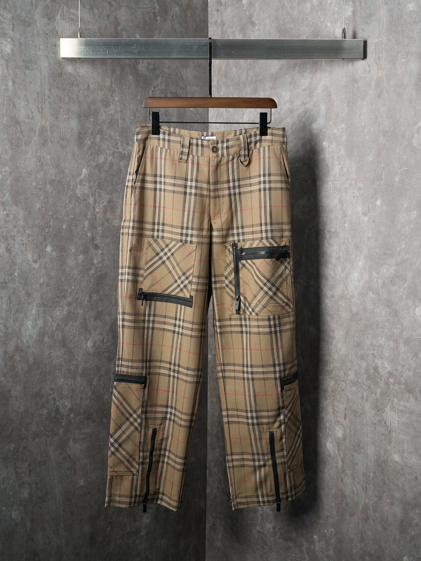 Burberry plaid cargo pants with elastic waistband and black-trim pockets