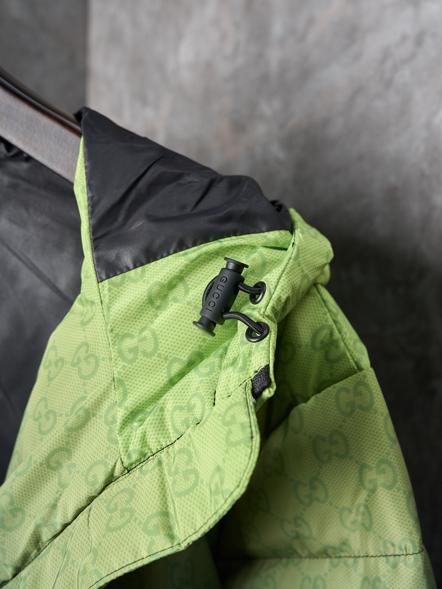 Gucci puffer jacket shoulder detail with snaps and drawstring, lime green