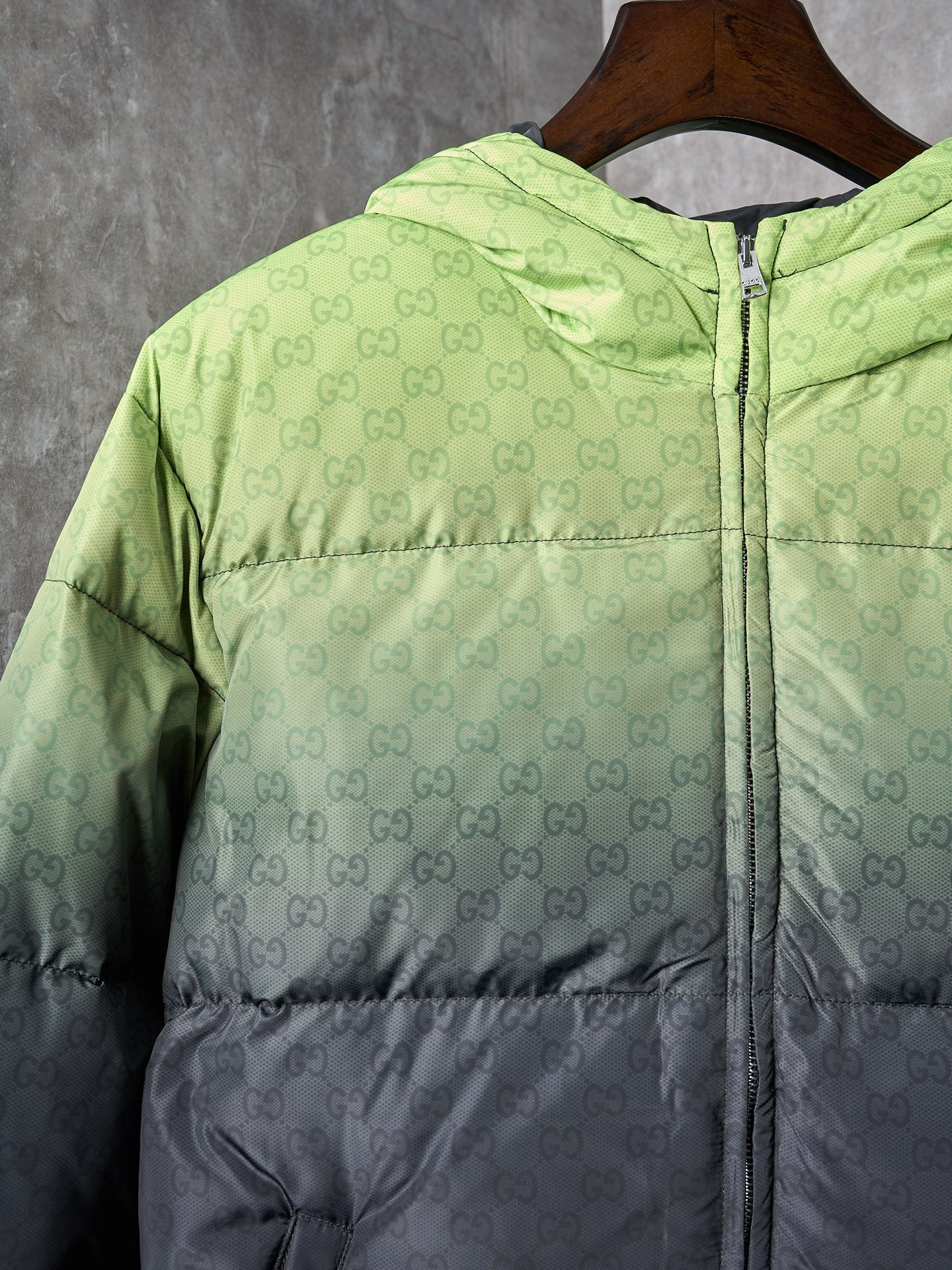 Gucci hooded puffer jacket with GG monogram, lime green and front zip