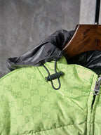 Gucci hooded puffer jacket hood with drawstring and GG monogram, lime green