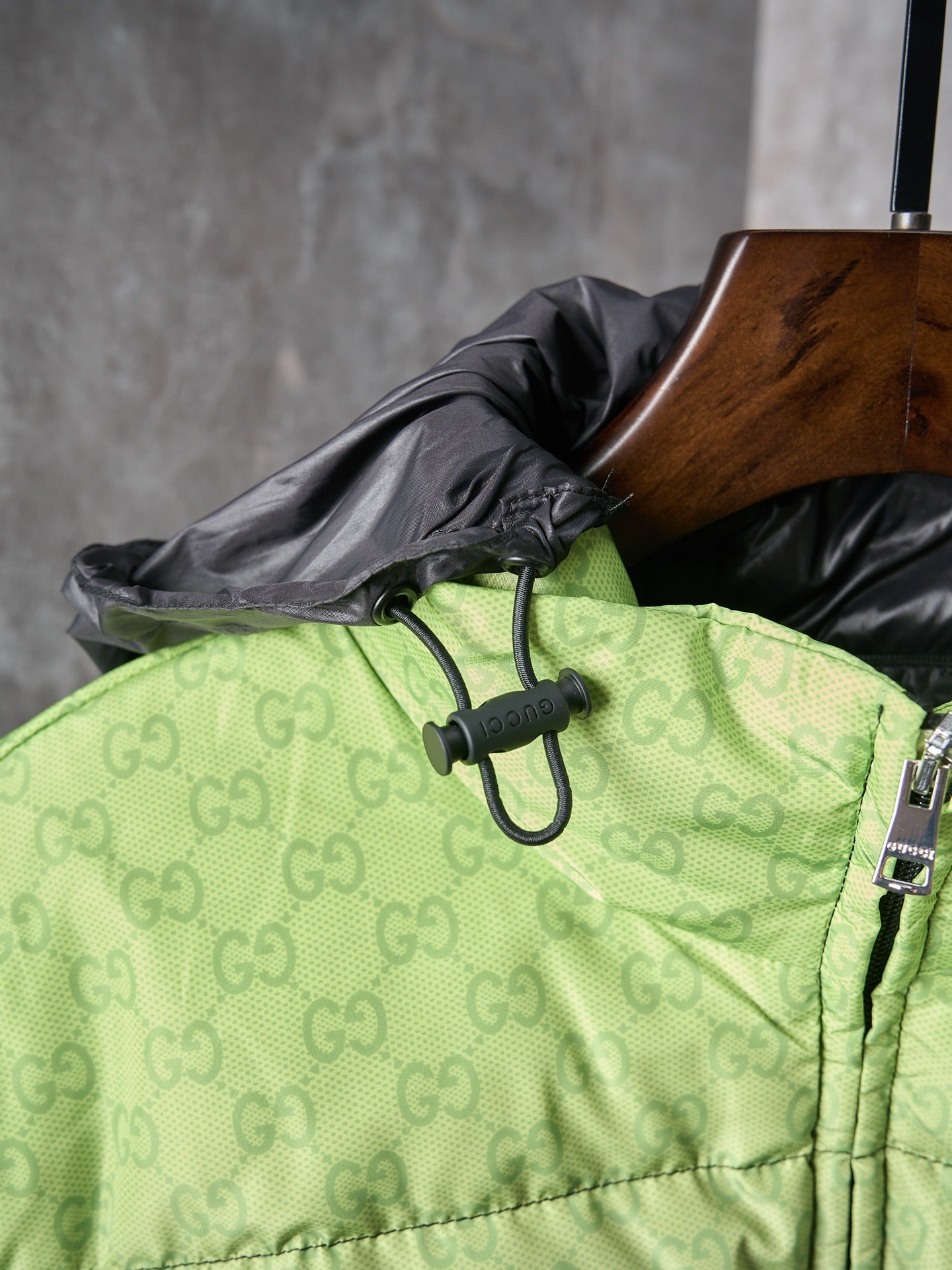 Gucci hooded puffer jacket hood with drawstring and GG monogram, lime green