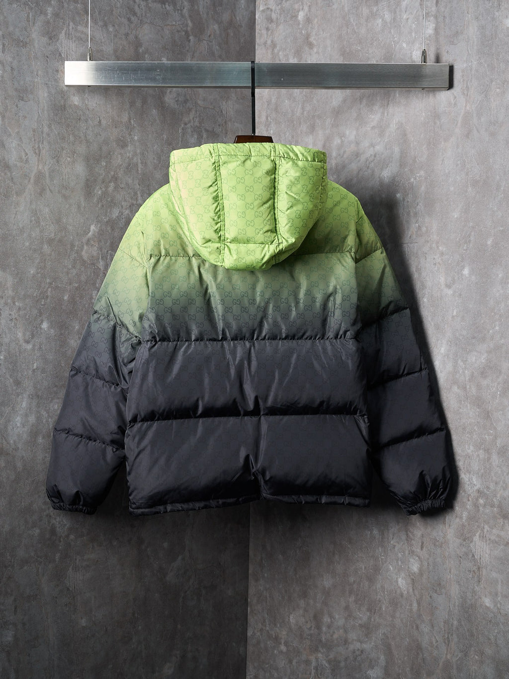 Gucci hooded puffer jacket, lime green and dark gray back view