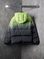 Gucci hooded puffer jacket, lime green and dark gray back view