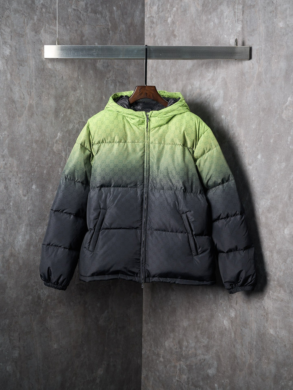 Gucci hooded puffer jacket, lime green and dark gray front view