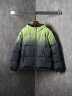Gucci hooded puffer jacket, lime green and dark gray front view