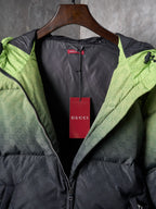 Gucci puffer jacket interior with red tag, lime green and dark gray