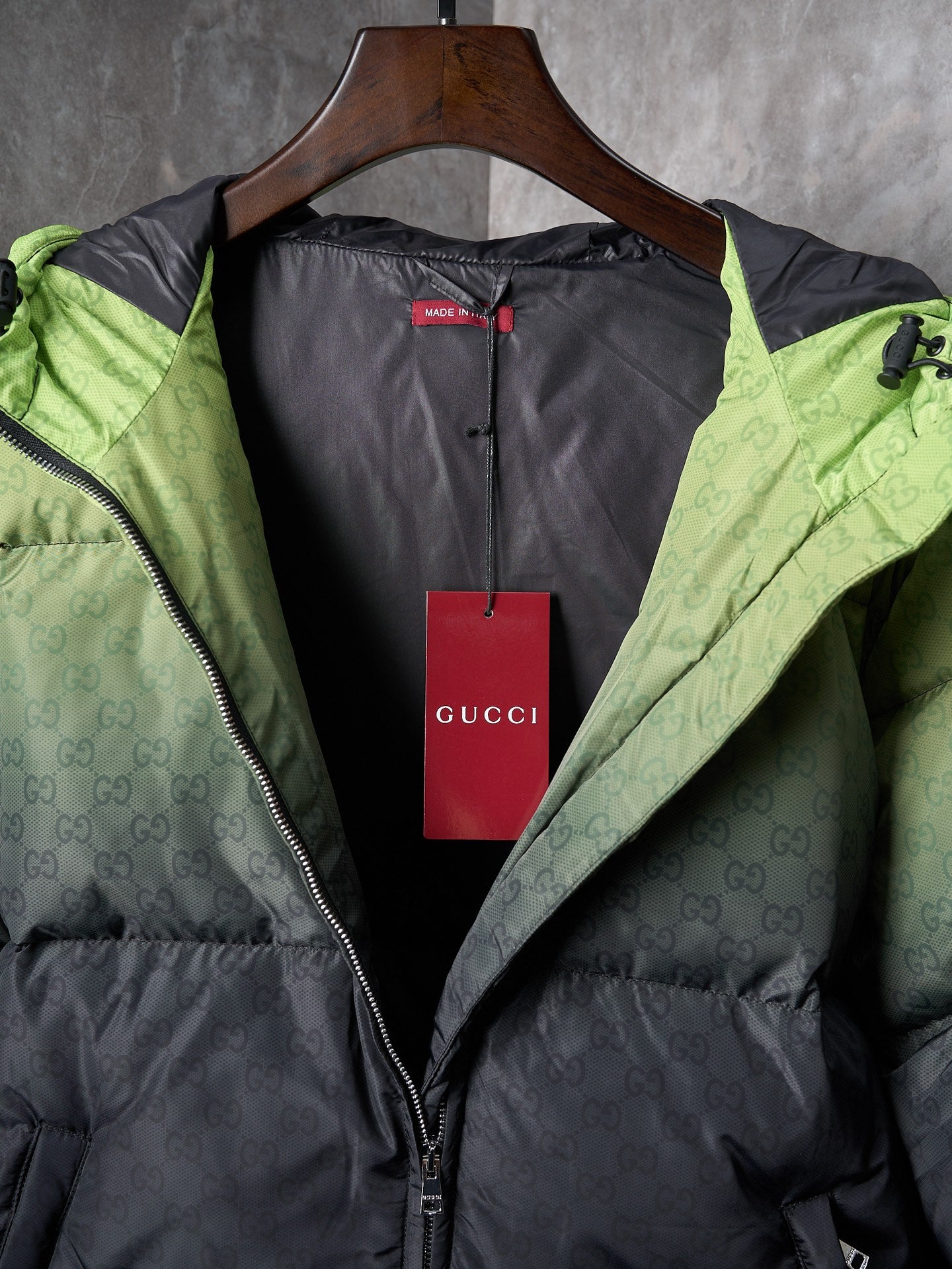 Gucci puffer jacket interior with red tag, lime green and dark gray