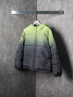 Gucci hooded puffer jacket, lime green and dark gray on hanger